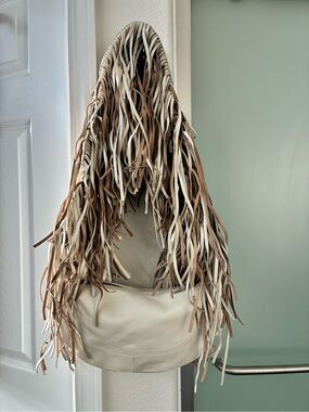 Anthropologie Fringe Leather Hobo Bag in Cream and Tan